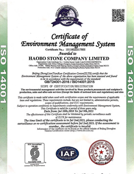 Haobo Stone get certificate of ISO14001